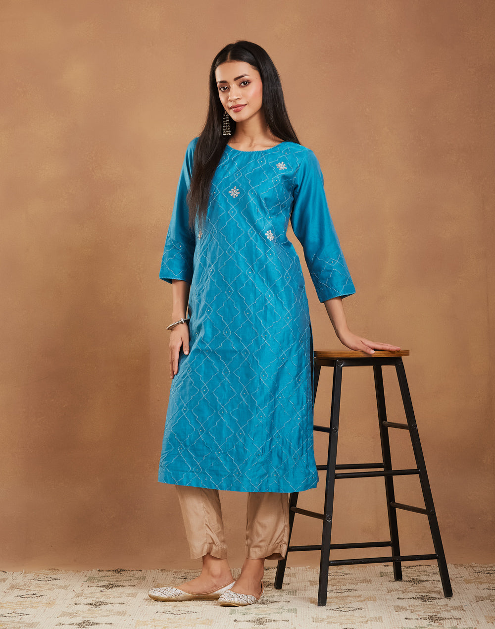 Teal Cotton Silk Embroidered Long Kurta for Women from Fabindia UK