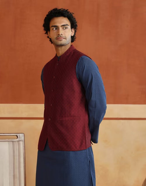 Sleeveless Maroon Nehru Jacket with Chinese collar