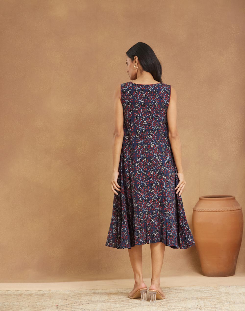 Blue Cotton Ajrakh Printed Peony Ruffle Midi Dress
