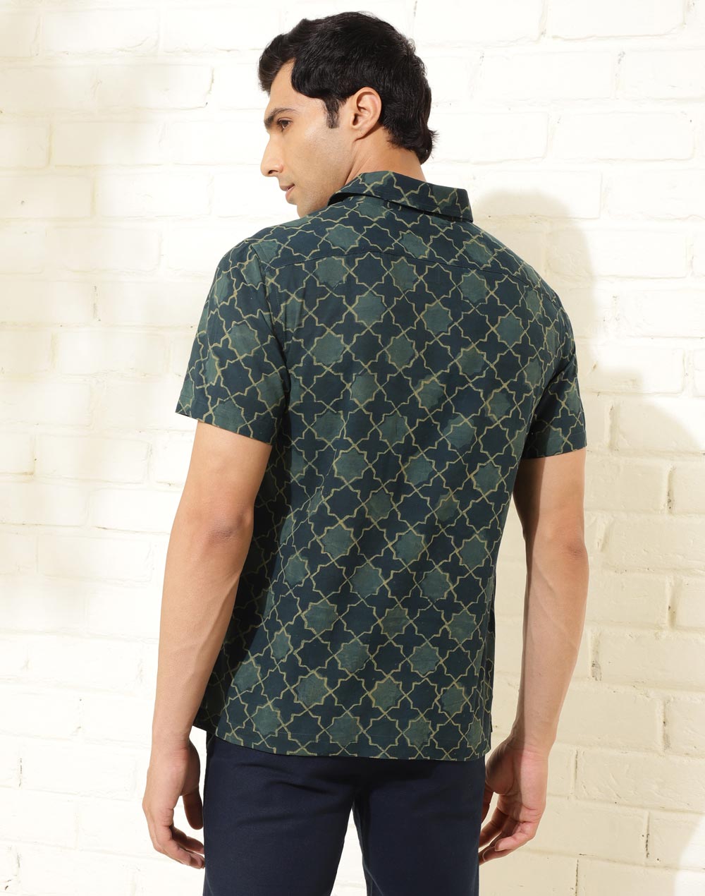 Green Cotton Dabu Printed Bush Shirt
