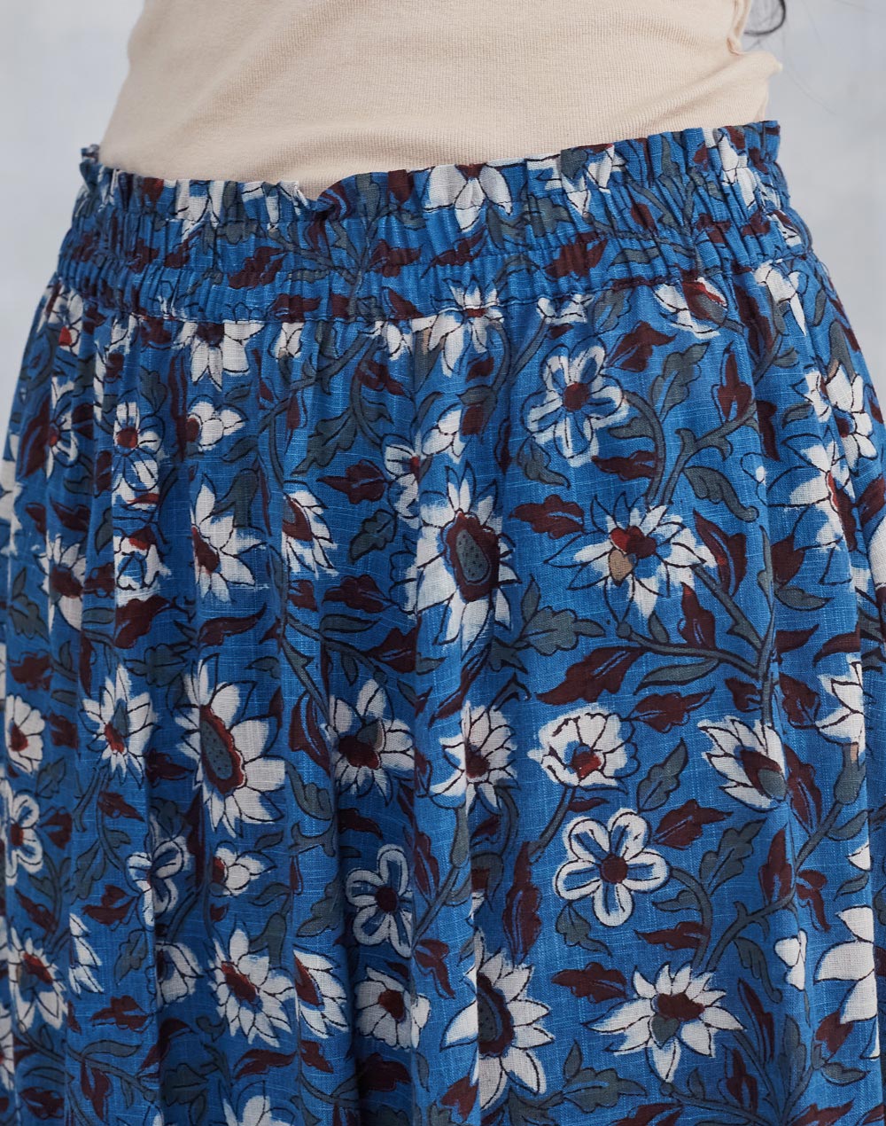 Blue Cotton Bagru Printed Skirt Midi
