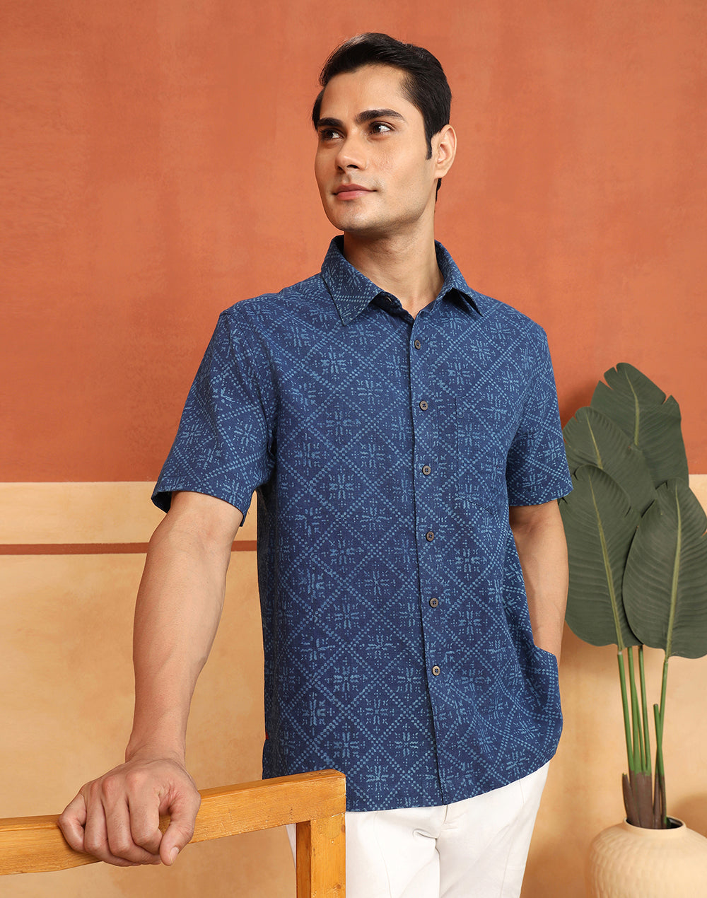 Indigo Cotton Dabu Printed Bush Shirt