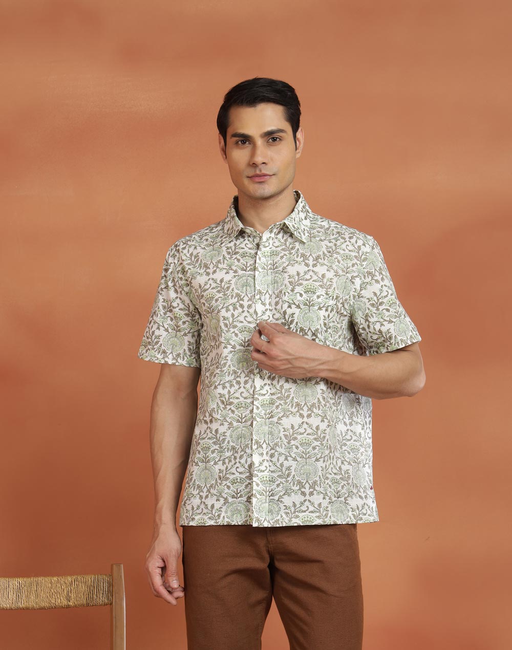 White Cotton Hand Block Printed Bush Shirt