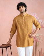 Mustard Viscose Silk Block Print Short Kurta for Men from Fabindia UK