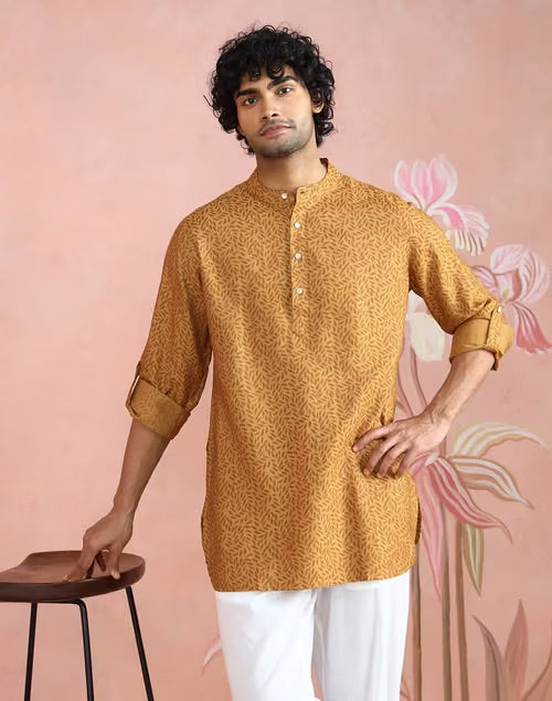Mustard Viscose Silk Block Print Short Kurta for Men from Fabindia UK