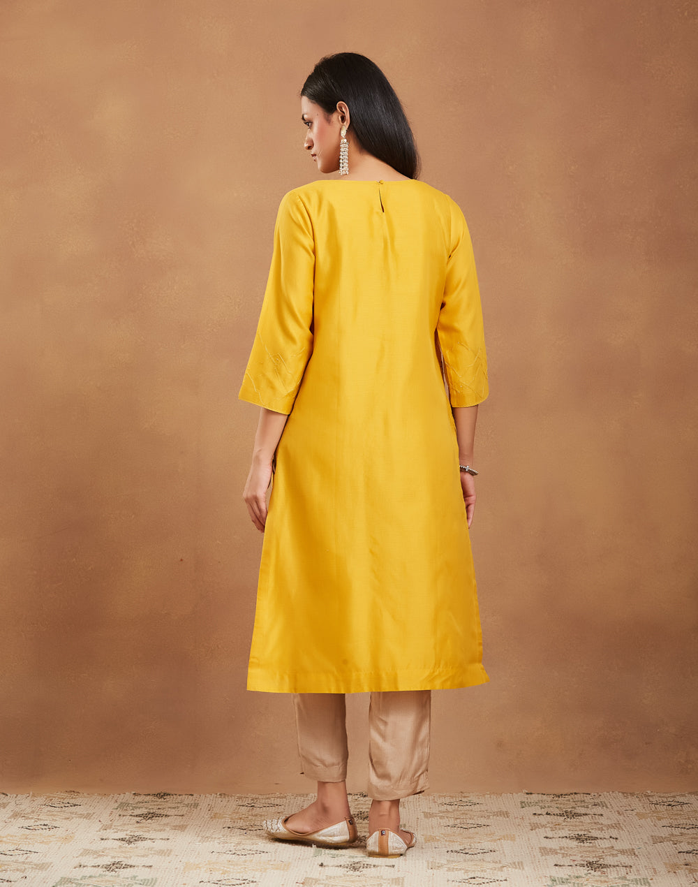 Mustard Cotton Silk Embroidered Long Kurta