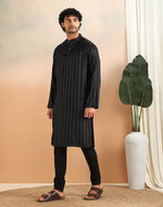 Black Dobby Long Kurta with Chinese collar and full sleeves