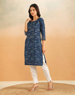 Indigo Cotton Printed Abstract Knee Length Kurta