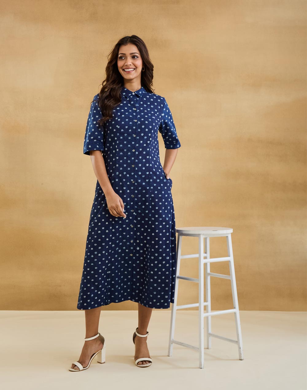 Indigo Cotton Dabu Printed Midi Dress