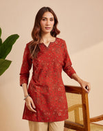 Maroon Cotton Bagru Slim Fit Short Kurta