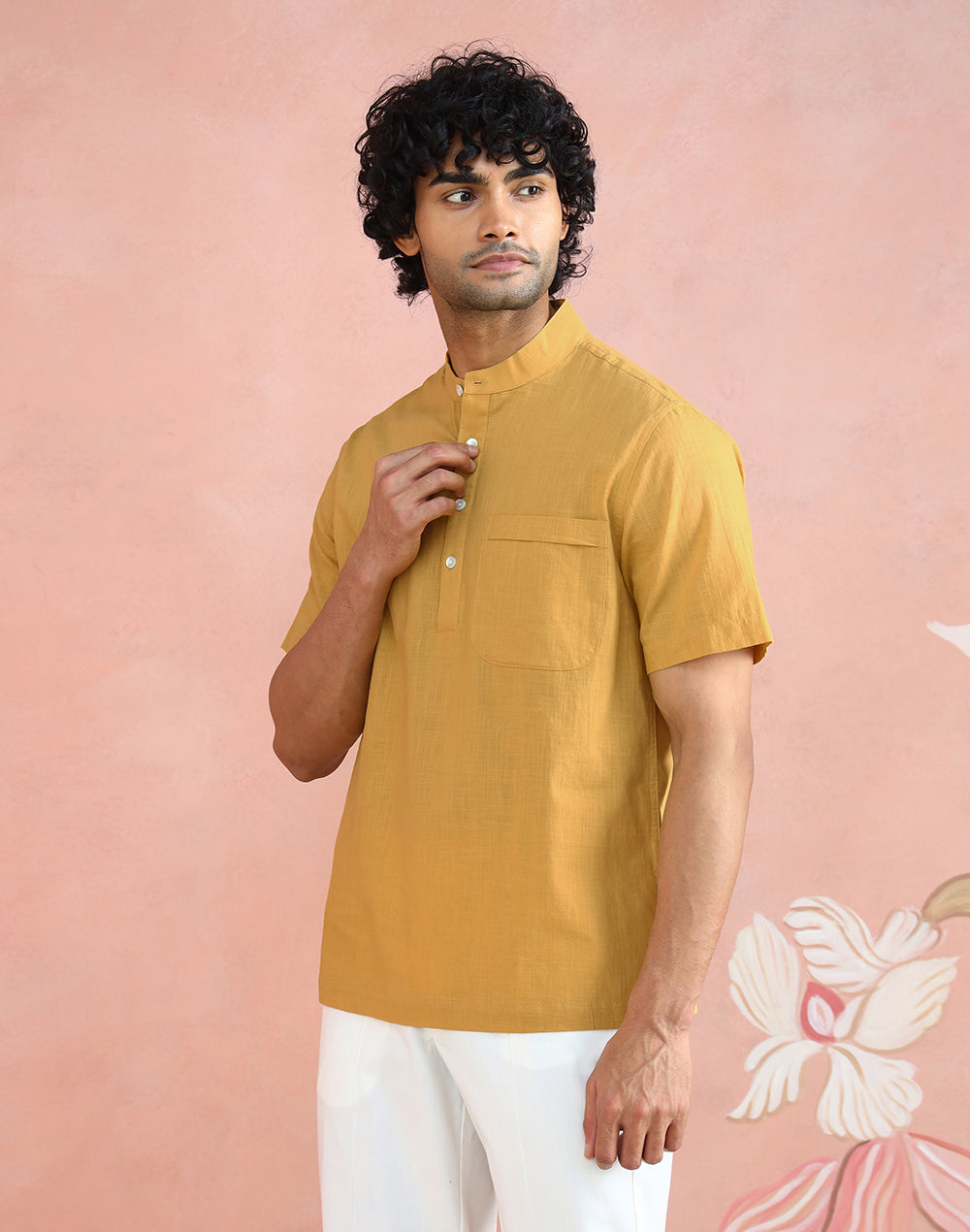 Yellow Shirt with band collar and half sleeves