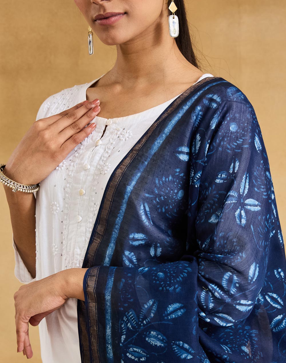 Indigo Cotton Silk Blend Hand Block Print Dupatta