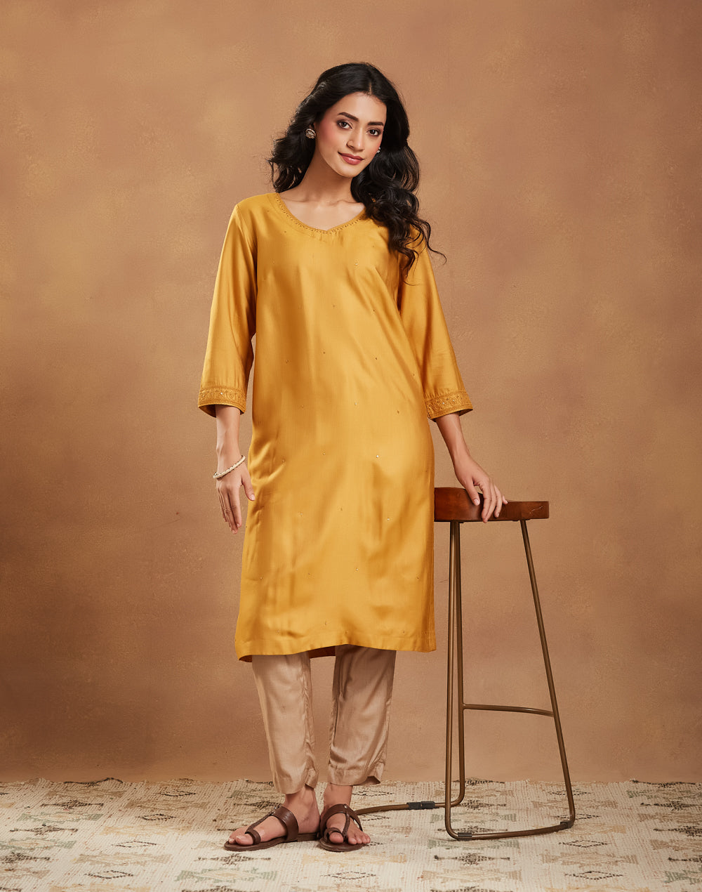 Mustard Viscose Silk Embroidered Knee Length Kurta