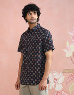 Blue-Red Ajrakh Print Shirt with regular collar and half sleeves
