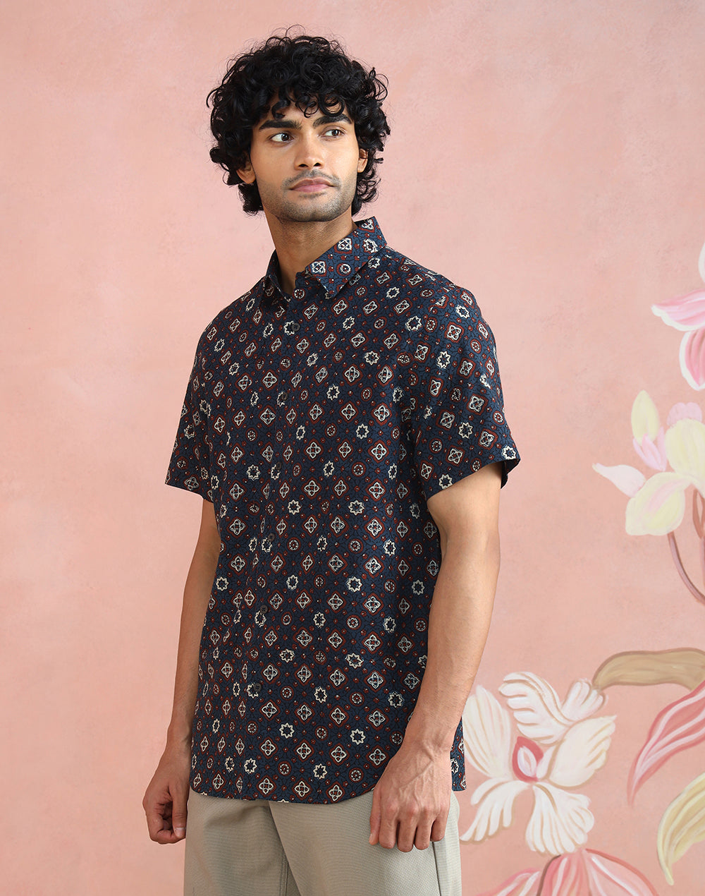 Blue-Red Ajrakh Print Shirt with regular collar and half sleeves