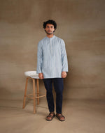 Light Blue Viscose Silk Blend Zari Stripe Short Kurta