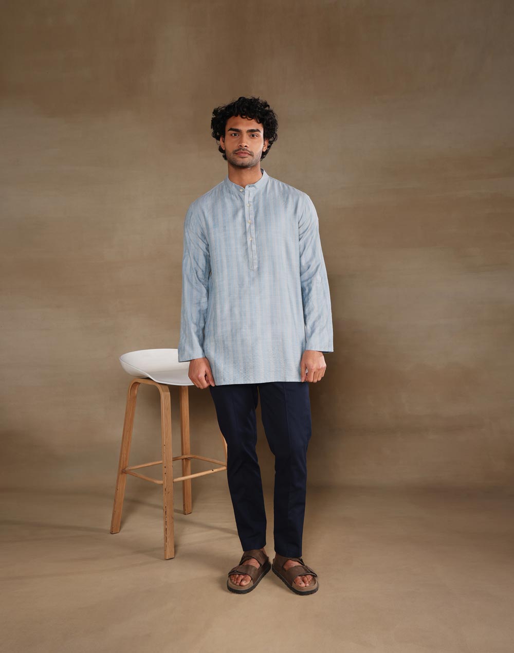 Light Blue Viscose Silk Blend Zari Stripe Short Kurta