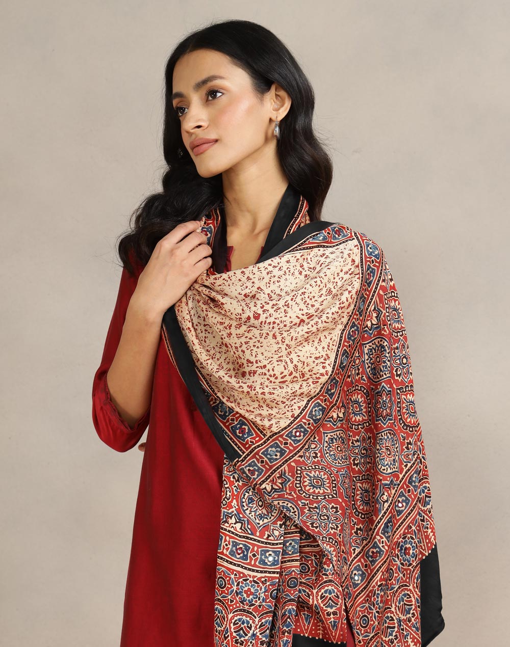 Red Viscose Blend Ajrakh Printed Stole