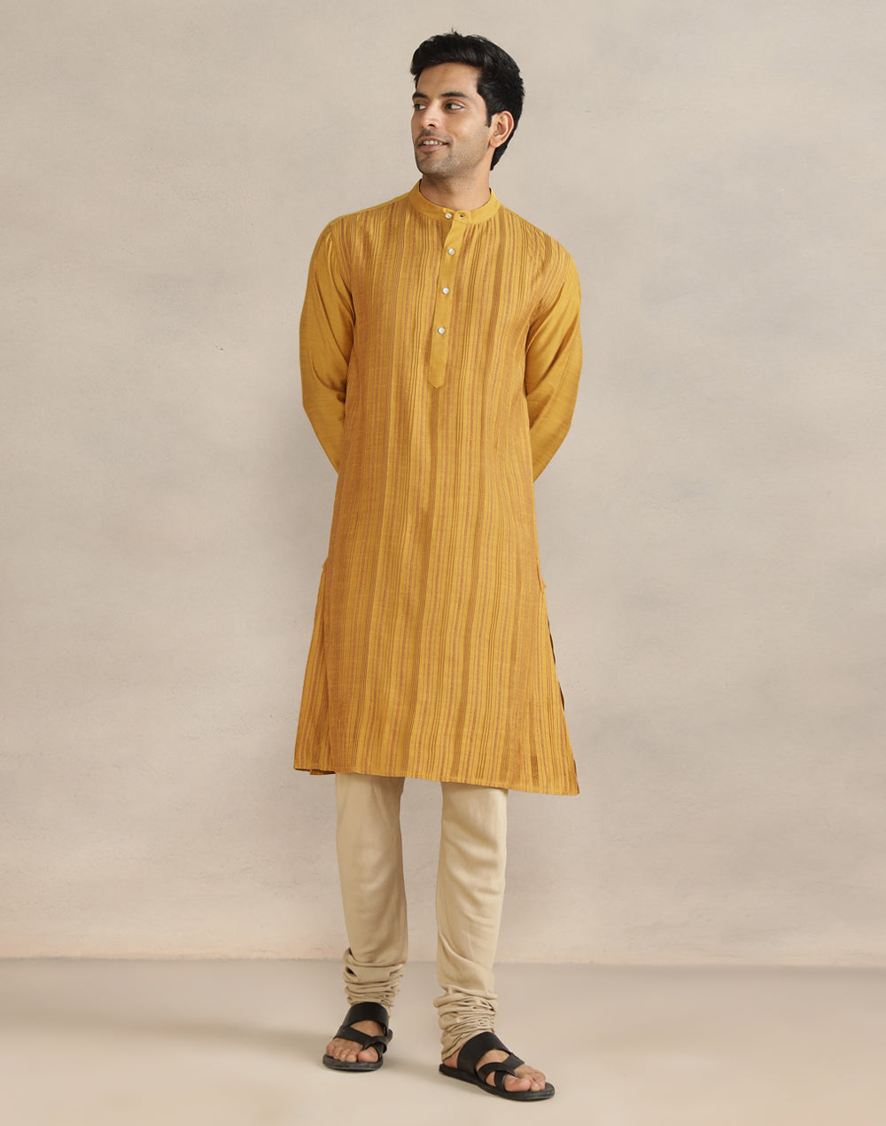 Mustard Viscose Silk Pintucks Long Kurta