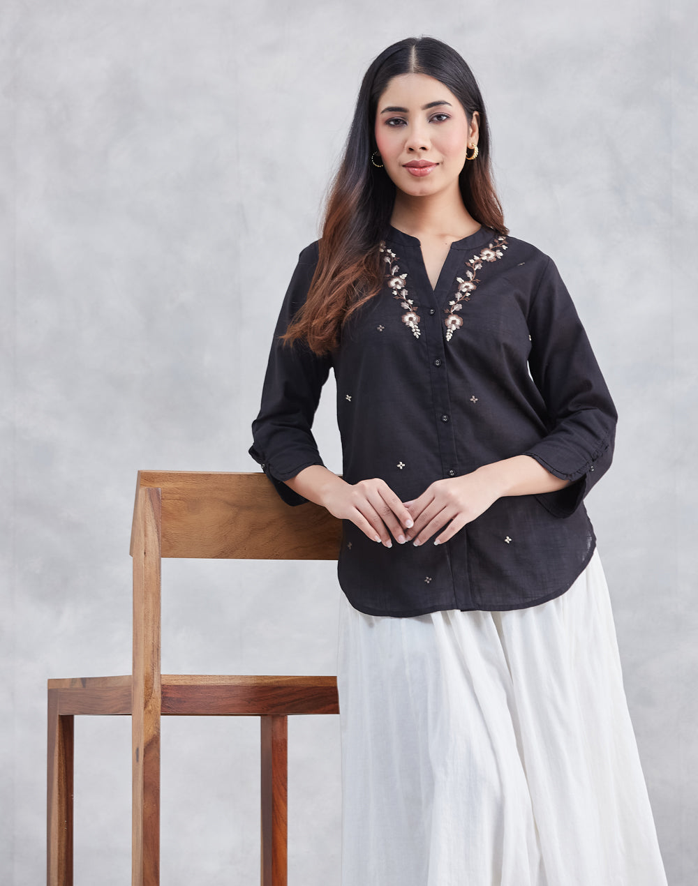 Black Cotton Hand Embroidered Shirt