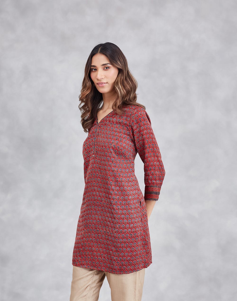 Maroon Viscose Blend Ajrakh Printed Slim Fit Short Kurta