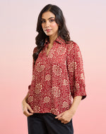 Red Ajrakh Print Top with shirt collar and three-quarter sleeves