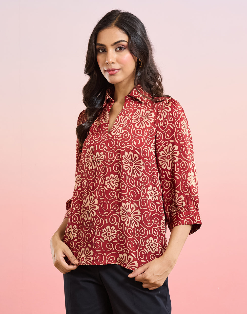 Red Ajrakh Print Top with shirt collar and three-quarter sleeves