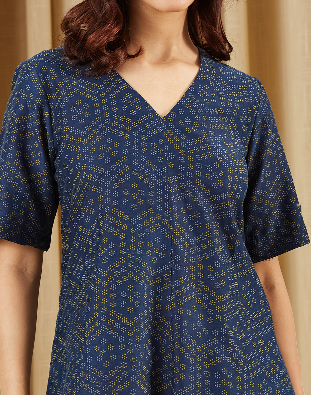 Indigo Ajrakh Print Indian Midi Dress styled for festive occasions