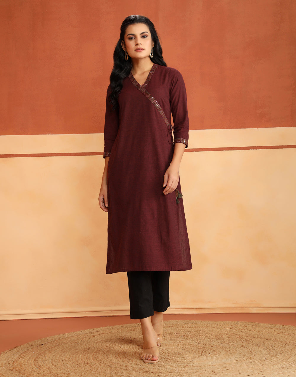 Maroon Cotton Hand Embroidered Slim Fit Long Kurta