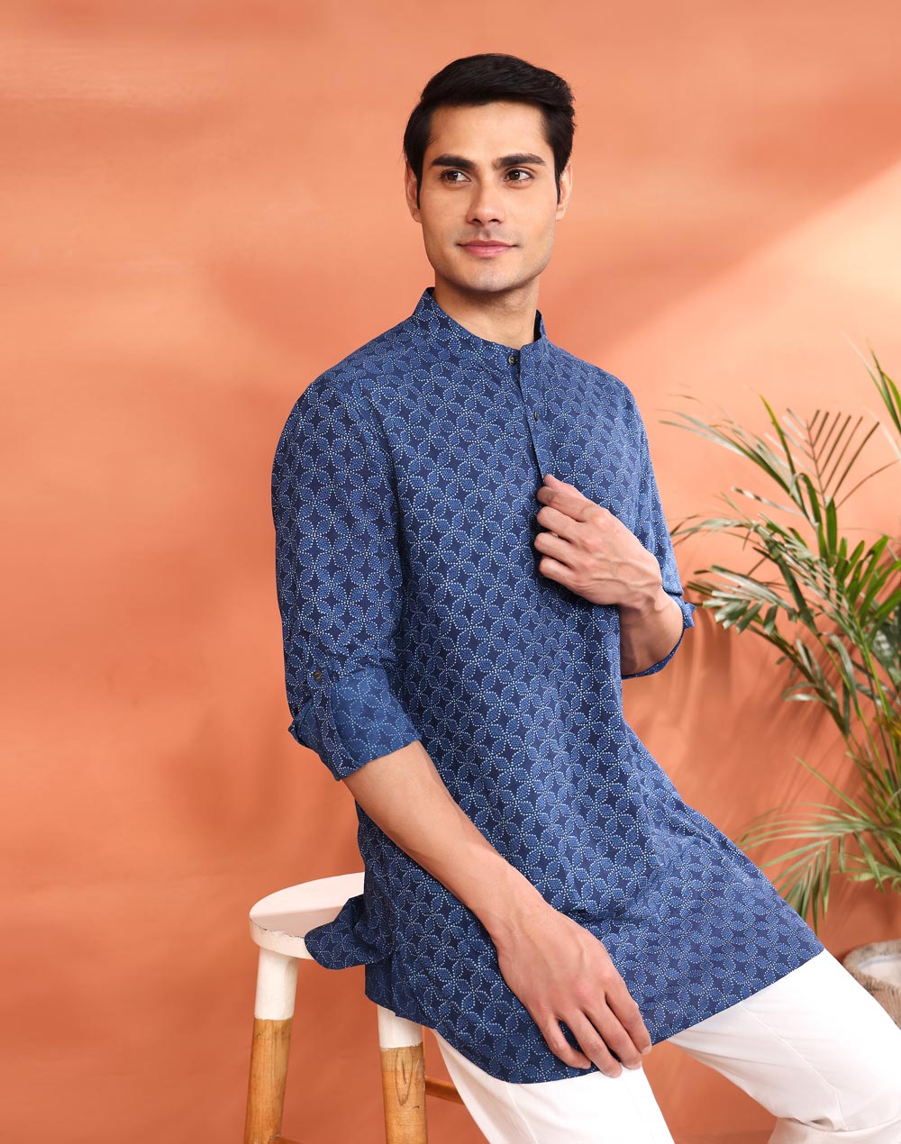 Indigo Cotton Printed Dabu Kurta Short