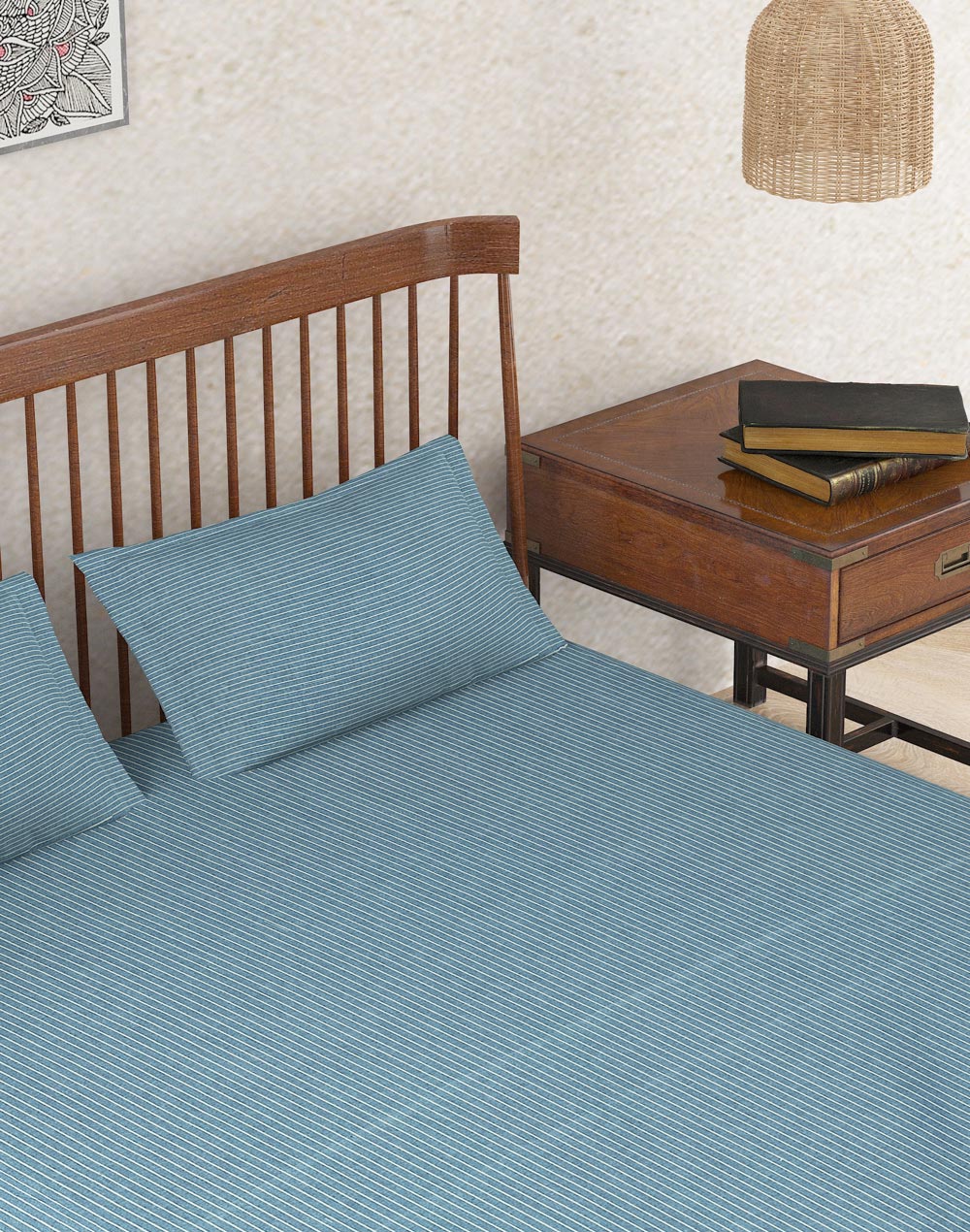 Navy Nile Stripe Cotton Bed Sheet With 2 Pillow Covers