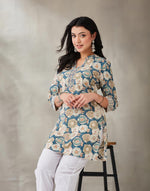 Teal Cotton Hand Block Printed Slim Fit Short Kurta