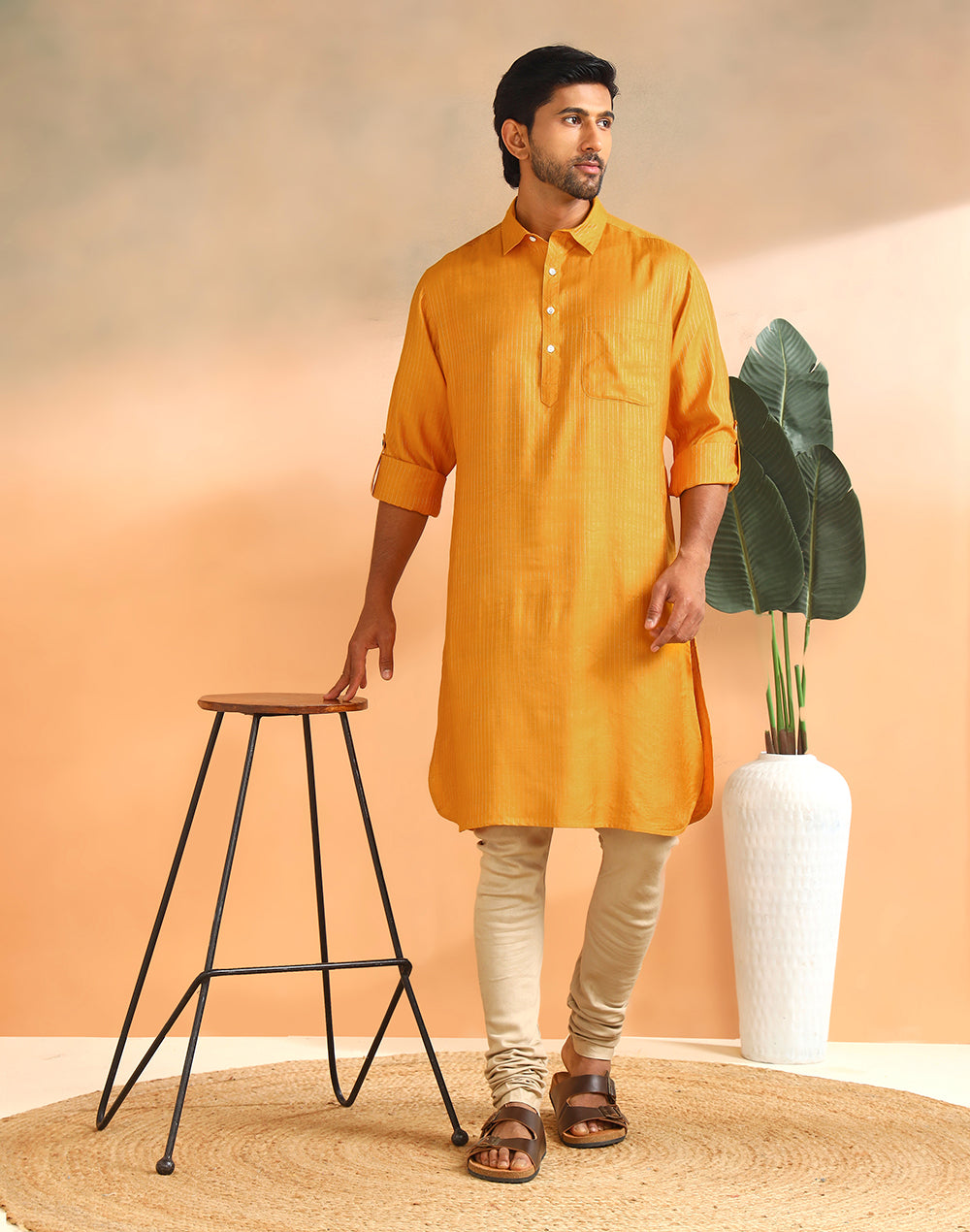 Yellow Viscose Silk Blend Dobby Slim Fit Pathani
