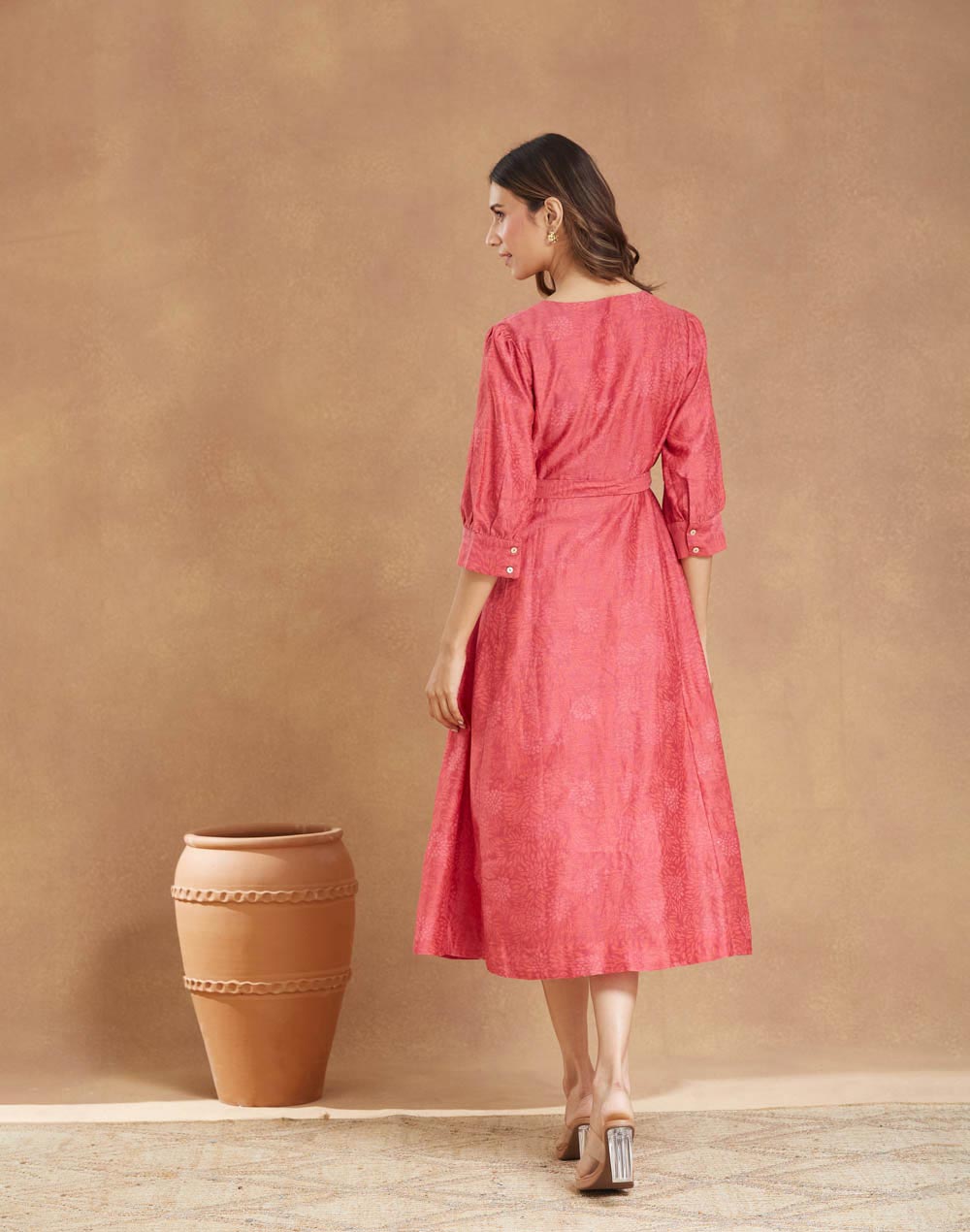 Pink Cotton Silk Hand Block Printed Midi Dress