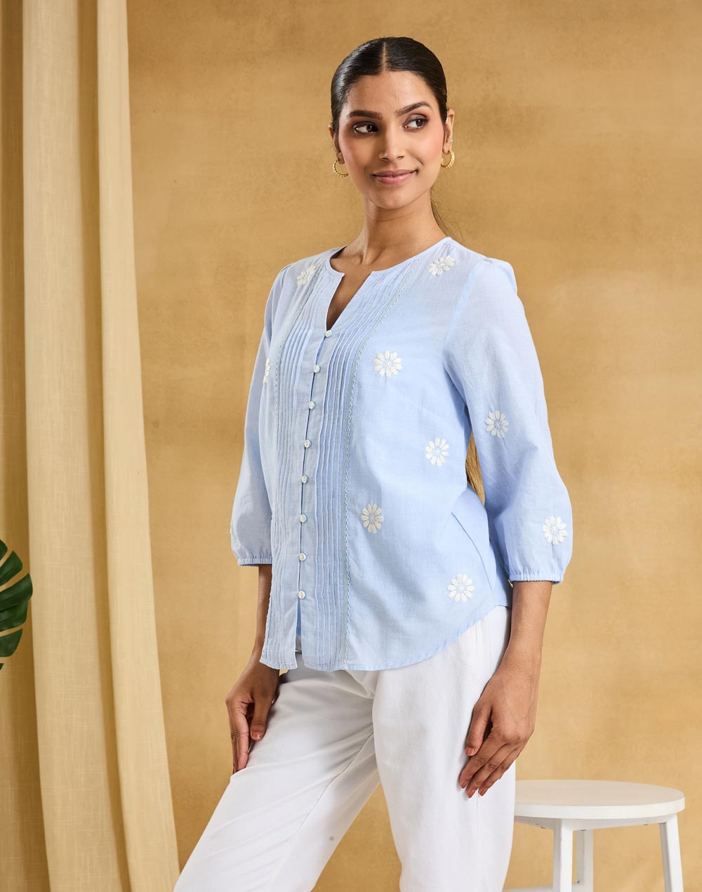 Light Blue Cotton Pleated Top & Slip