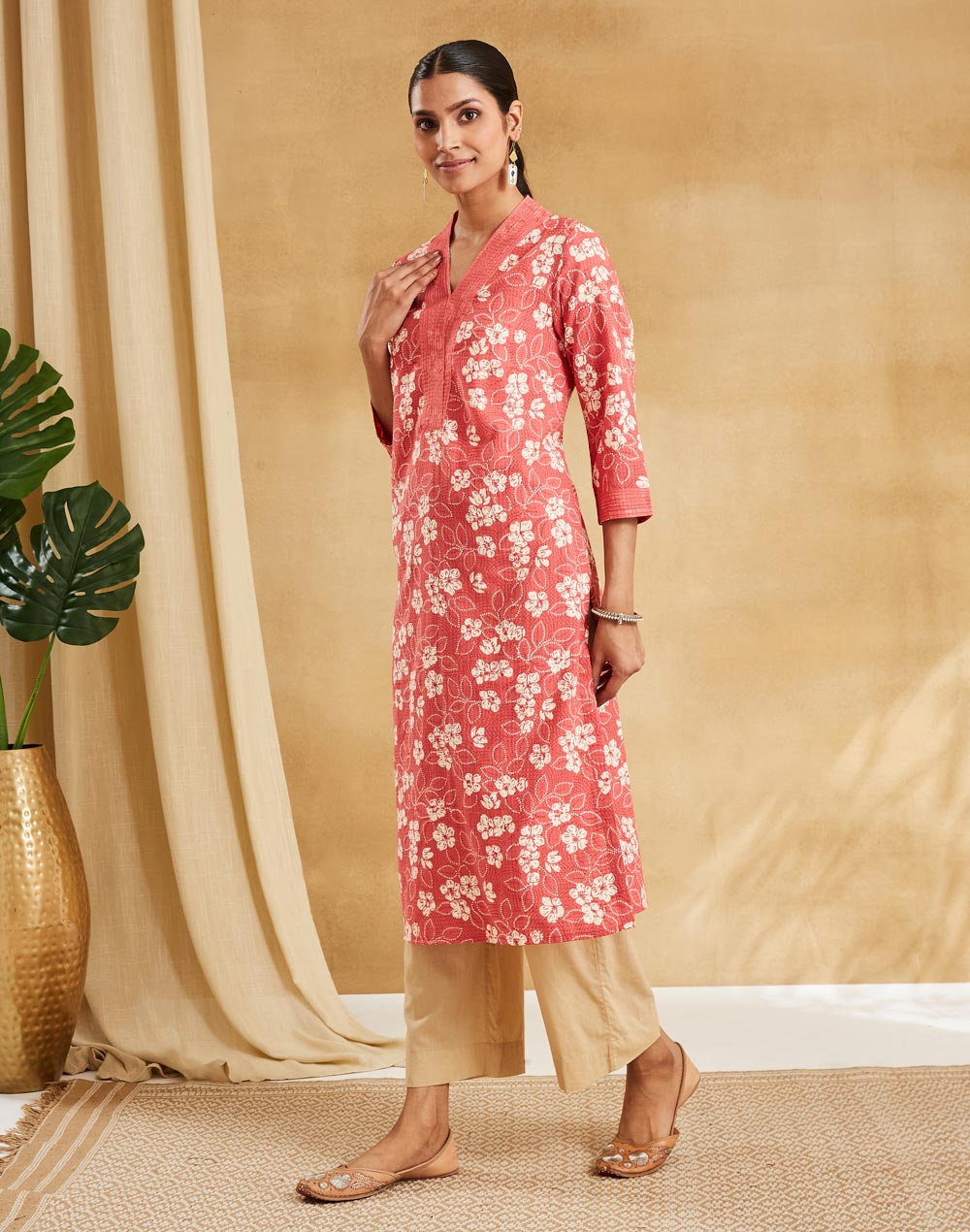 Pink Cotton Hand Block Print Long Kurta