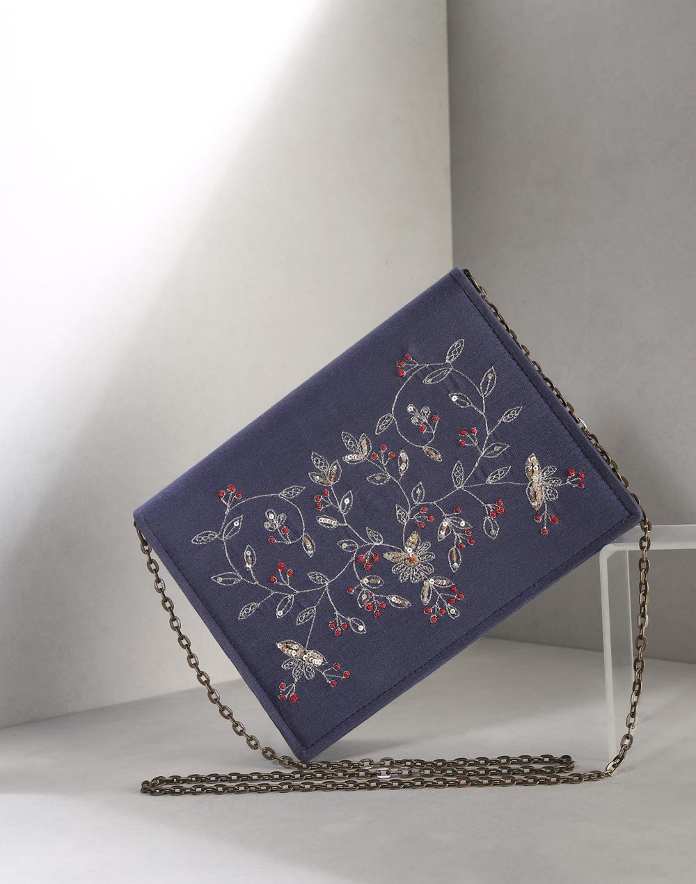 Navy Hand Embroidered Clutch