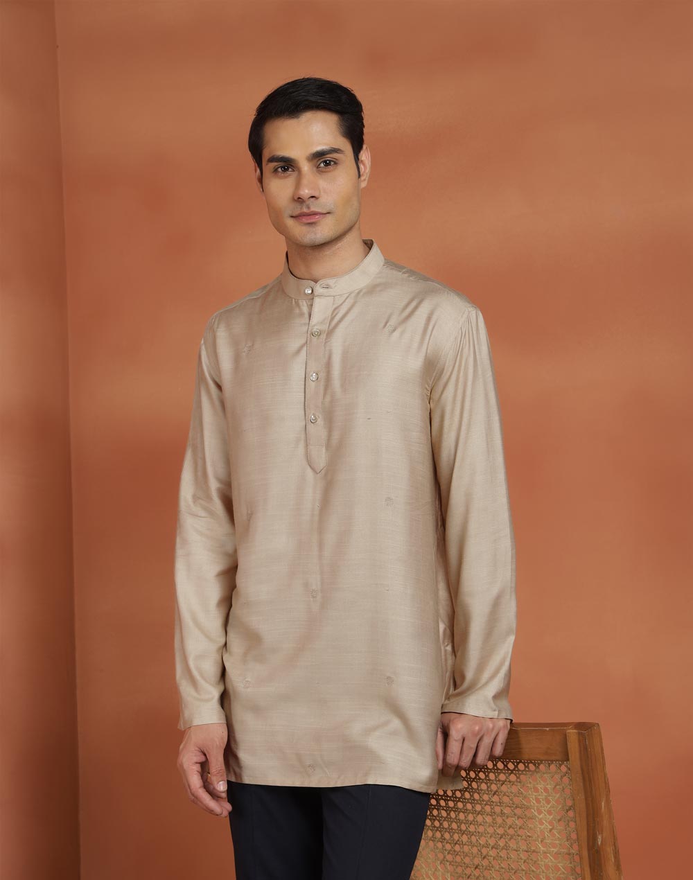 Beige Viscose Silk Embroidered Short Kurta