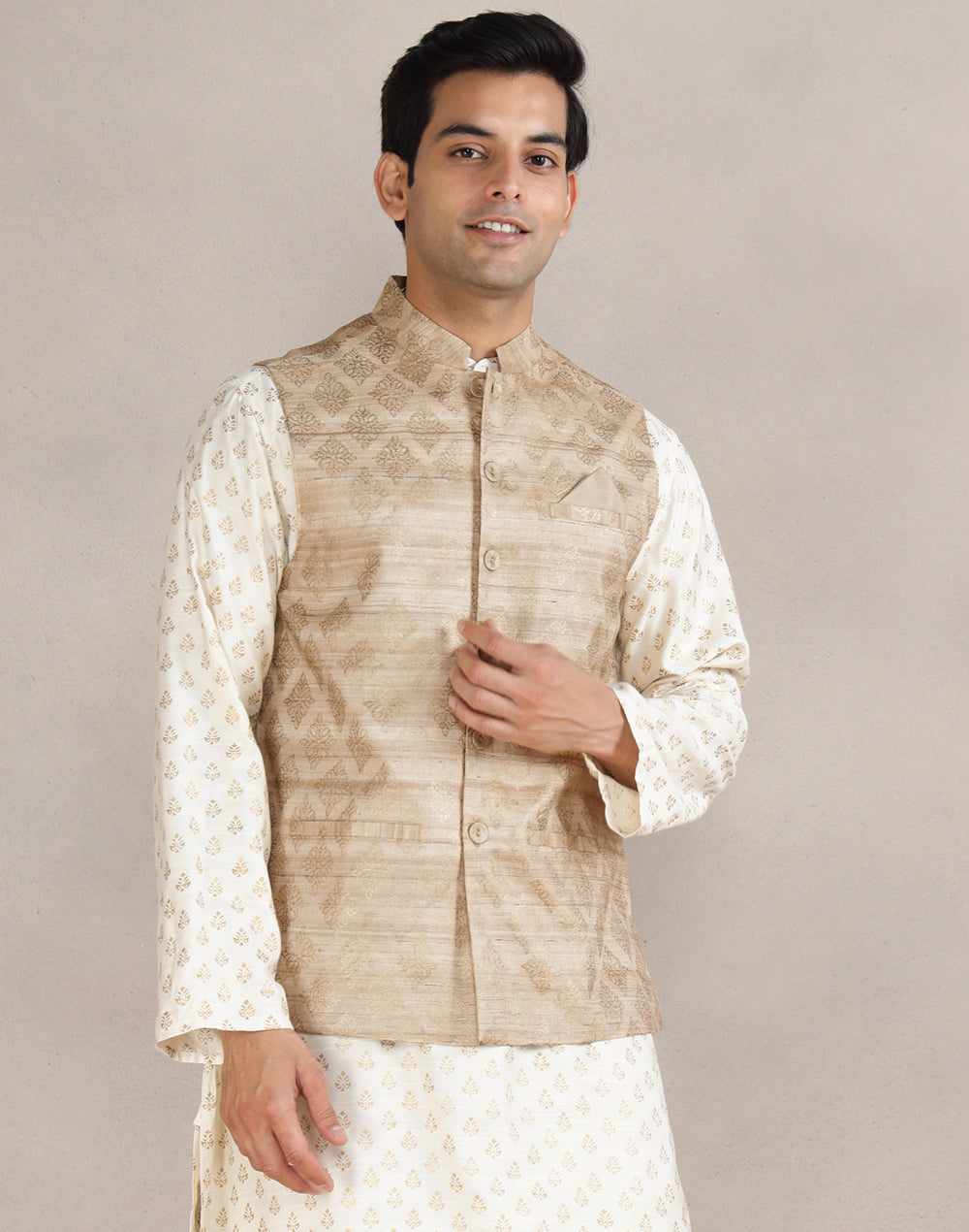 Beige Silk Hand Block Printed Nehru Jacket