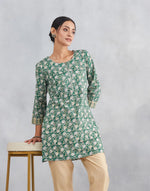 Teal Cotton Hand Block Printed Slim Fit Short Kurta