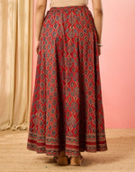 Texture and finish of the Maroon Ajrakh Print Ghera Skirt by Fabindia UK