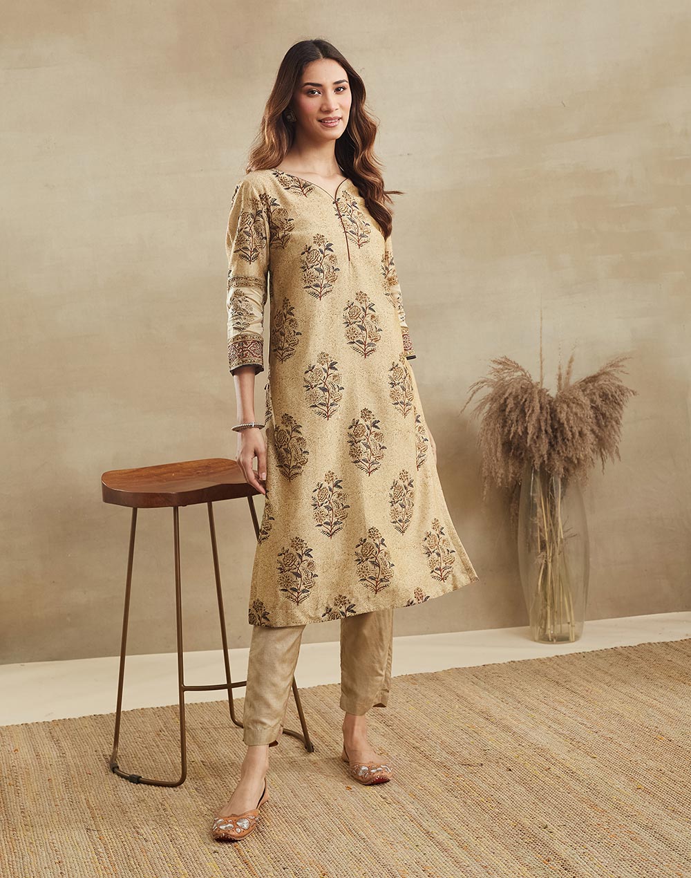 Beige Cotton Silk Long Kurta