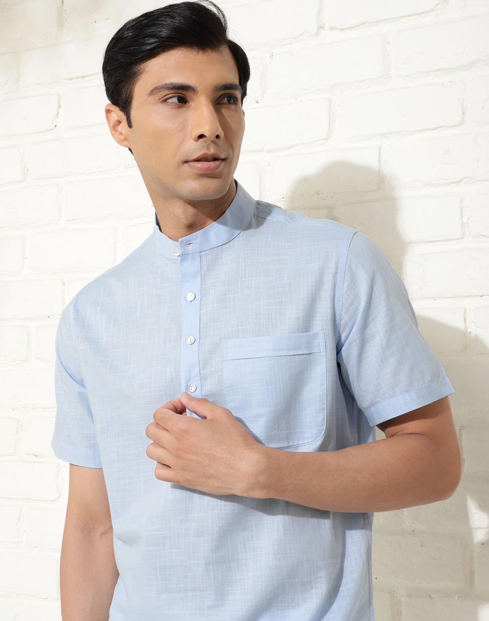 Light Blue Cotton Comfort Fit Mid Placket Shirt