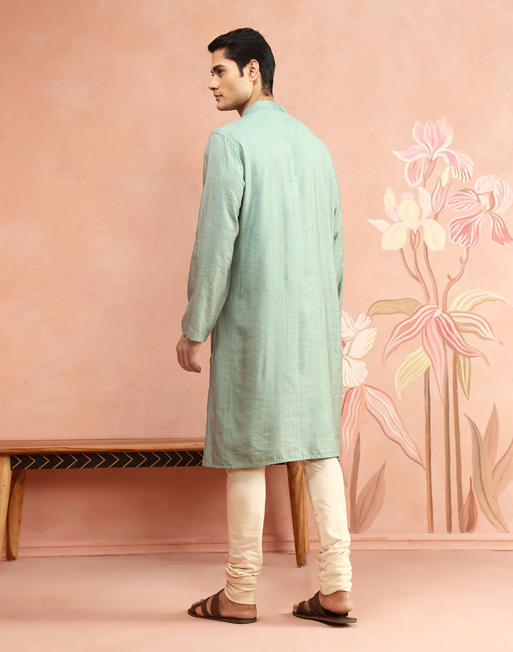 Sage Viscose Blend Stripe Long Kurta