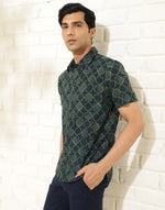 Green Cotton Dabu Printed Bush Shirt