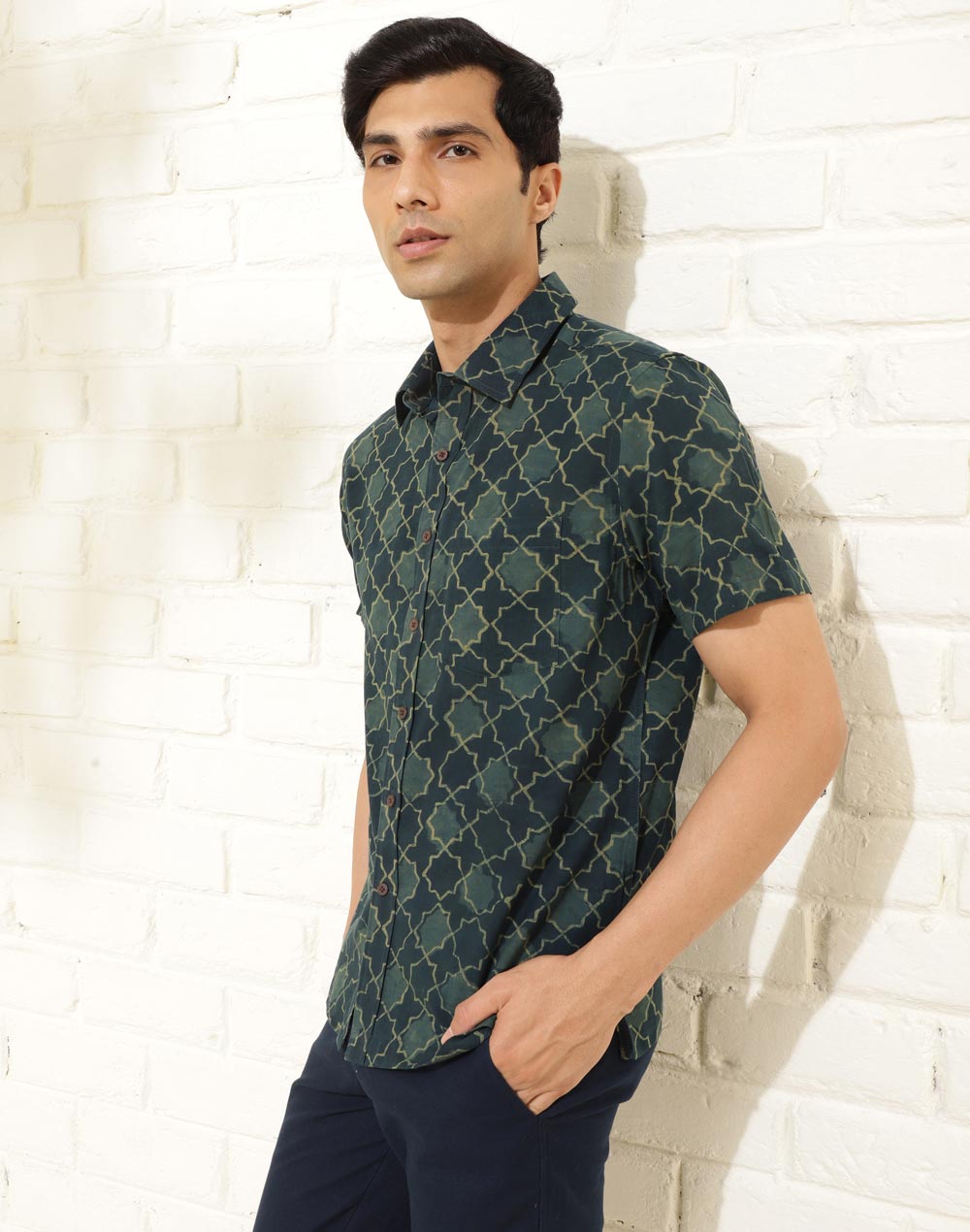Green Cotton Dabu Printed Bush Shirt
