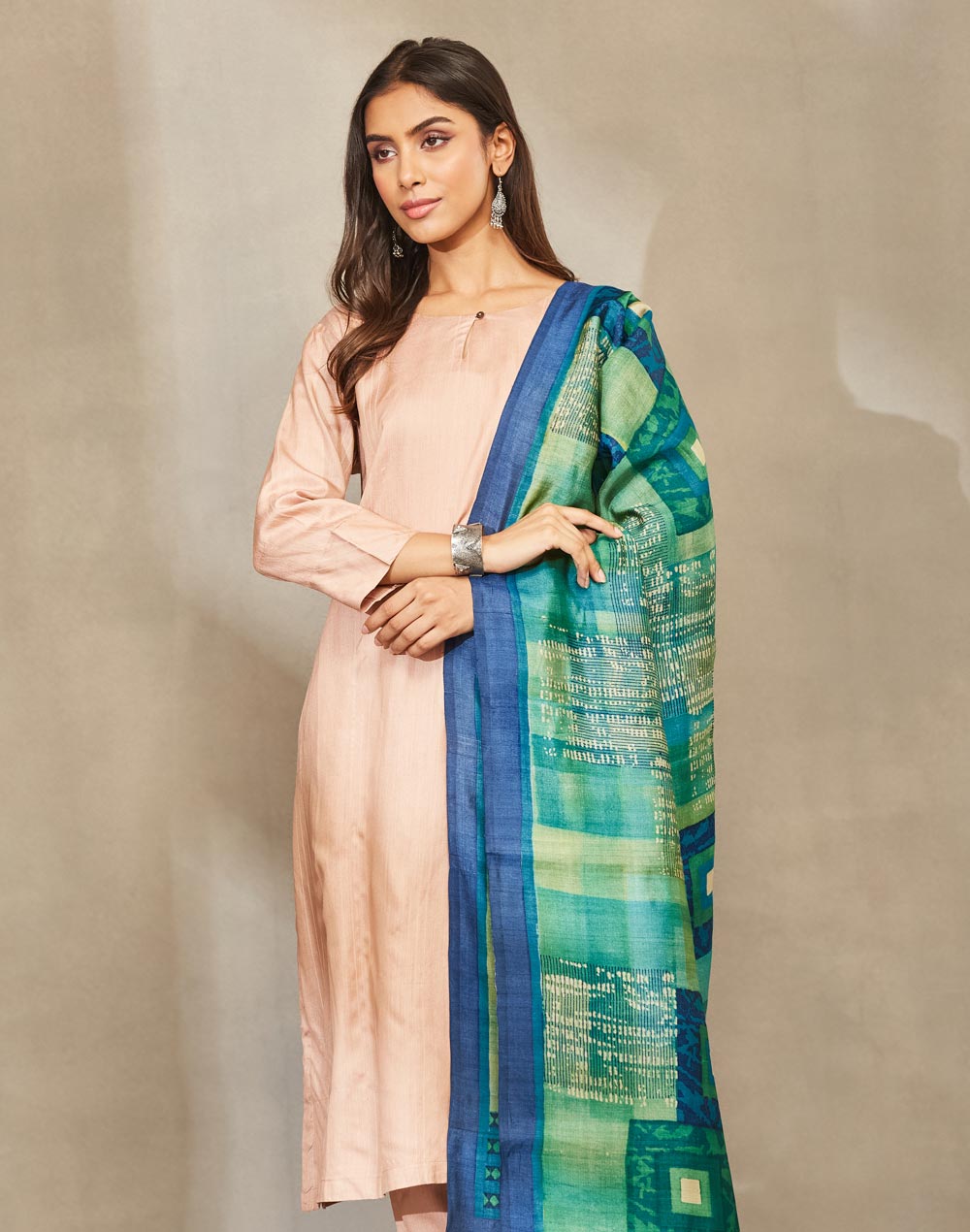 Green Silk Hand Block Print Dupatta