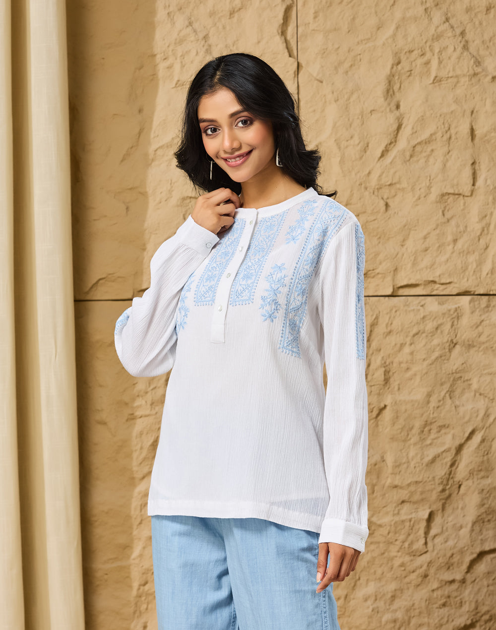 White-Blue Cotton Chikankari Top & Slip