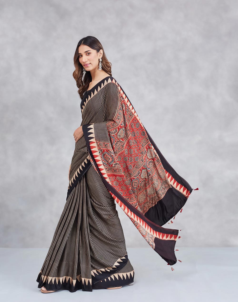 Black Viscose Blend Ajrakh Printed Sari