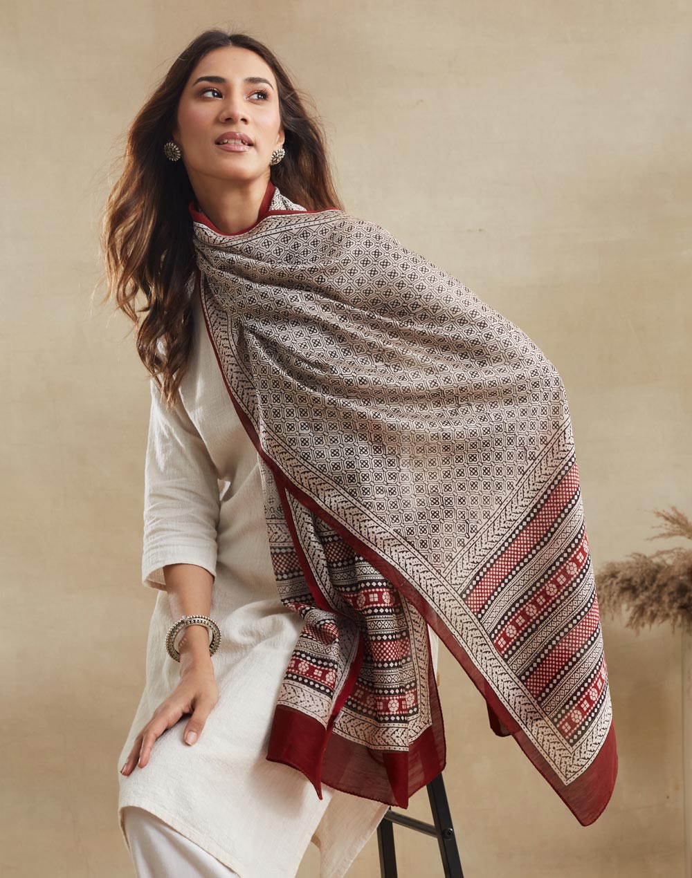 Black Cotton Silk Bagh Printed Stole